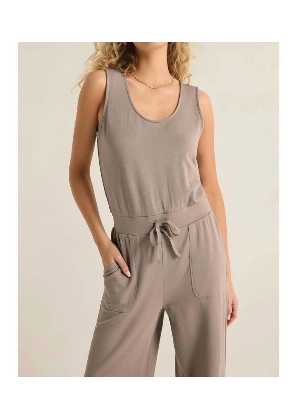 Z Supply Layover Jumpsuit Fleece Taupe Gray Modal Wide Leg Travel Athleisure - Picture 3 of 8
